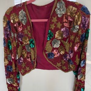 Cropped vintage pink embroidered sequined blazer
